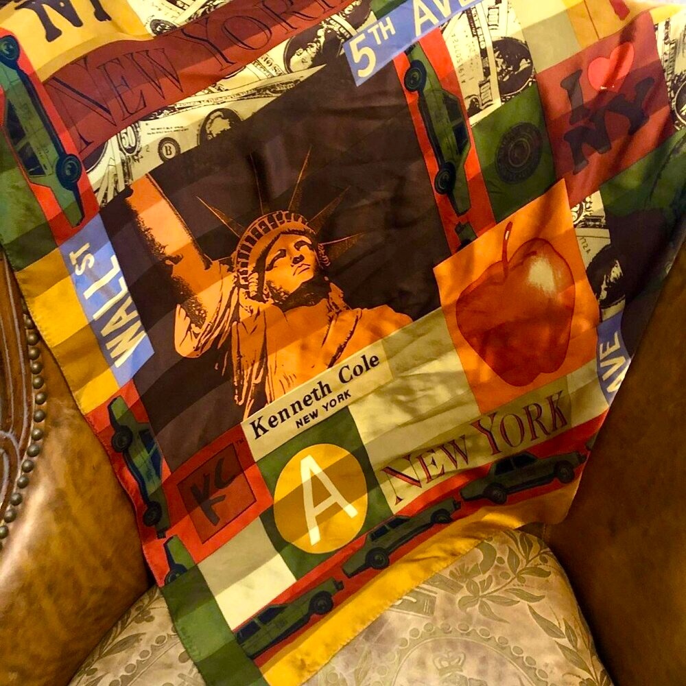 KENNETH COLE Vint Y2K Iconic New York Motifs Silk Scarf Hand Rolled Edges 34x34